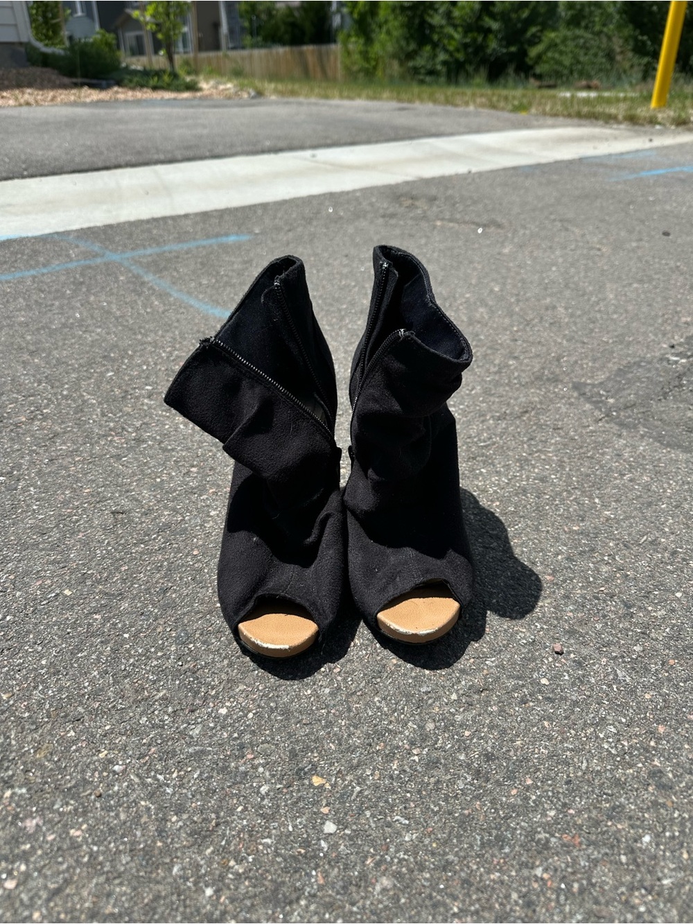 Women's Black Open-Toe Ruffle Ankle Boots